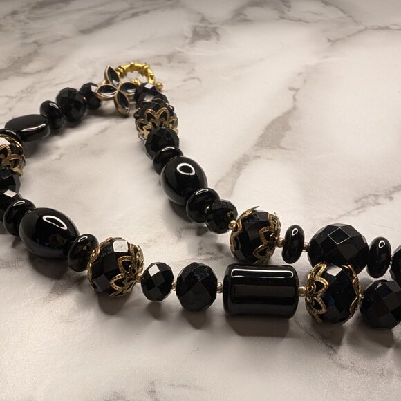 Handmade Crystal & Glass Necklace - Single Strand, Black & Gold - Picture 3 of 3